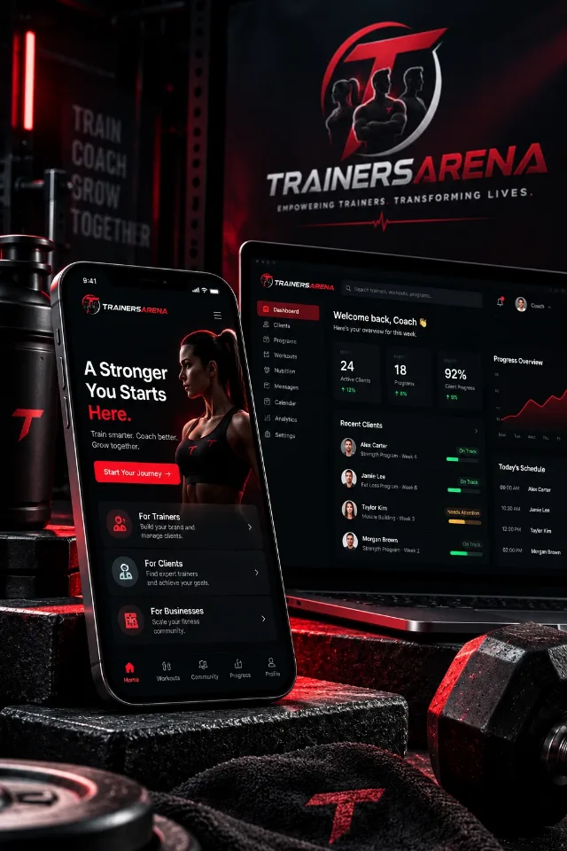 Trainers Arena mobile app on a phone beside the coach dashboard