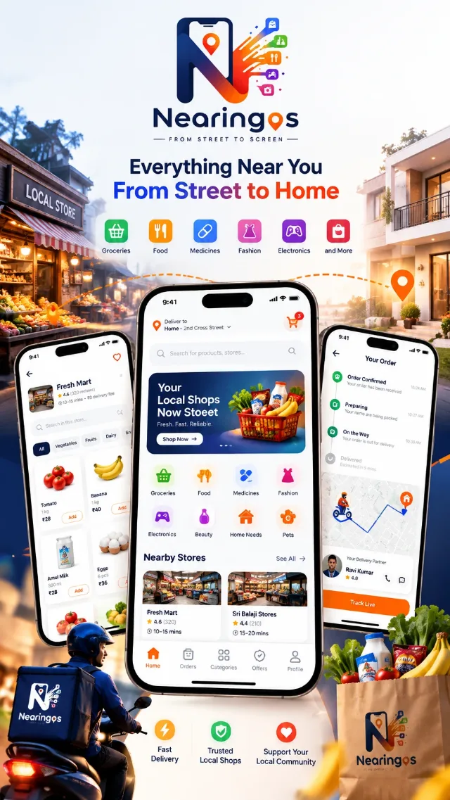Nearingos app screens: store page, home and live order tracking