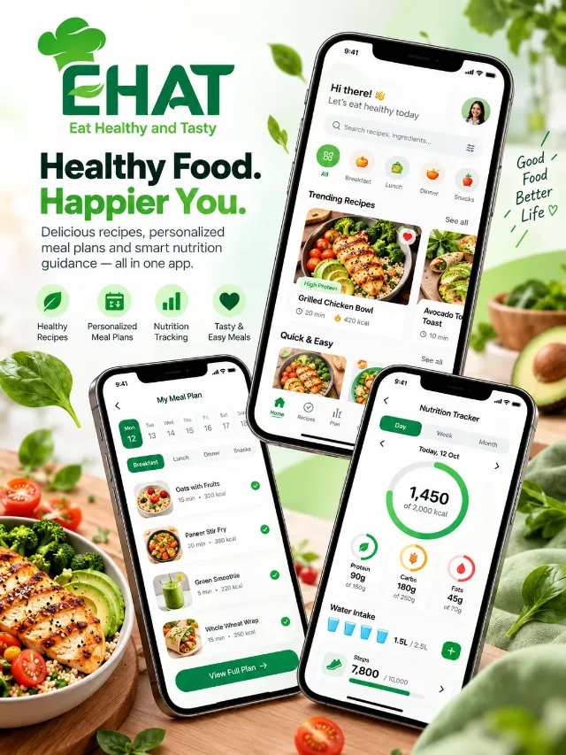 EHAT healthy eating mobile app with recipe discovery, meal planning and nutrition tracking screens